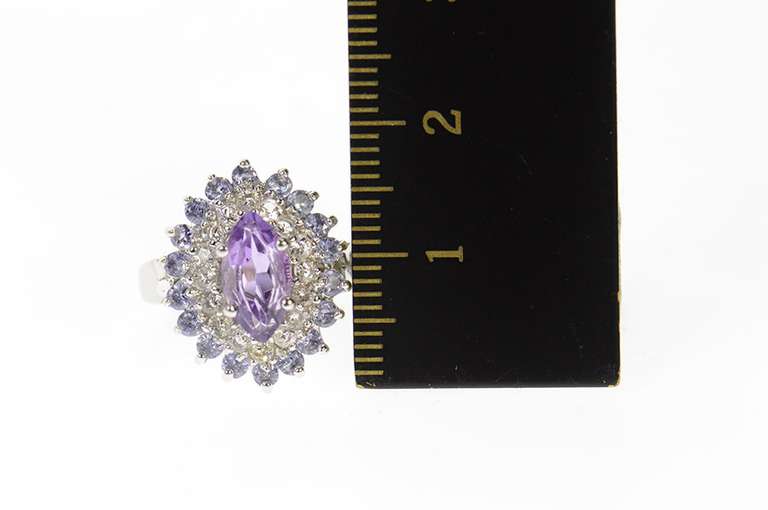 10K White Gold Marquise Amethyst CZ Syn. Tanzanite Halo Ring