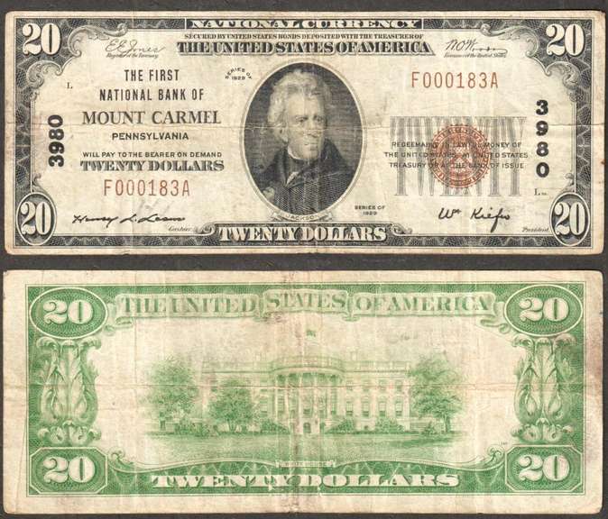 $20 1929-1 NBN=Mount Carmel PA- First National Bank=Ch.3980=VF