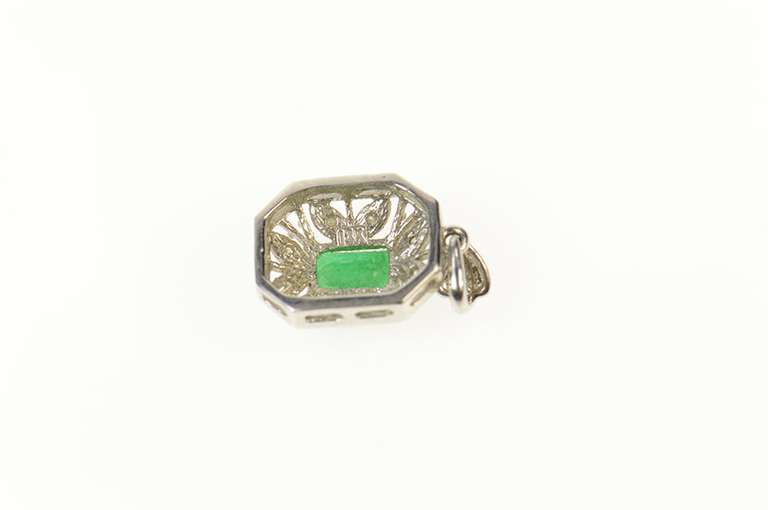 14K White Gold Emerald Ornate Diamond Halo Statement Pendant