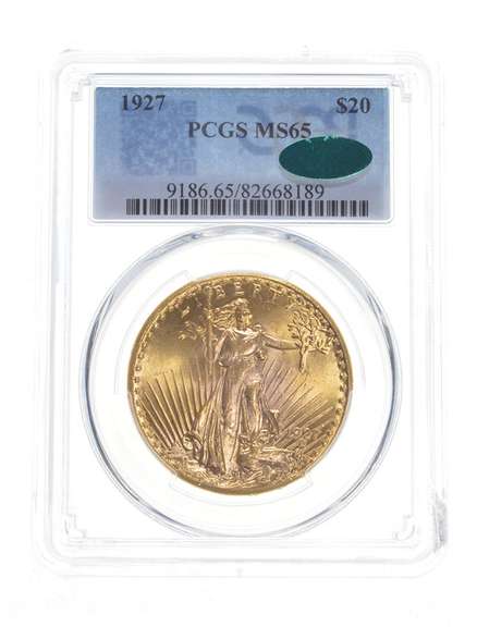 MS65 1927 $20 Saint-Gaudens Gold Double Eagle - CAC - Graded PCGS