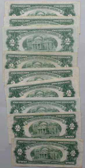 9 Assorted $2 Red Seal US Notes