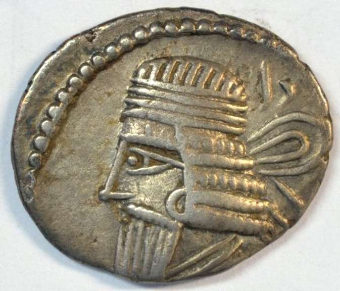 Real sharp Vologases I Parthian Silver Drachm, 51-78 AD