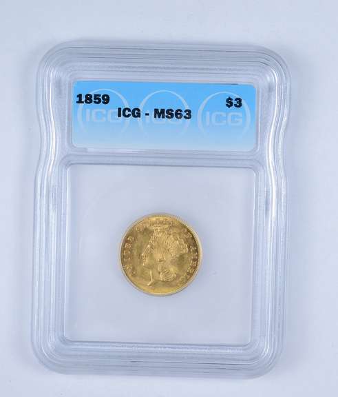 MS63 1859 Indian Princess Head Three-Dollar Gold Piece - Graded ICG