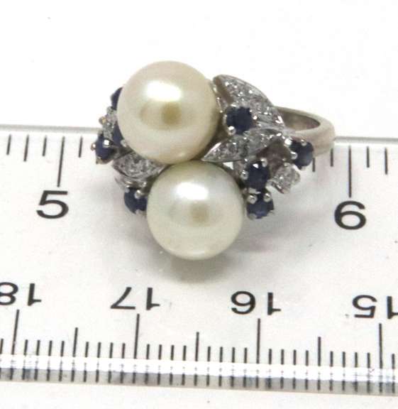 Handsome 18kt Double Pearl Ring w Sapphire and Diamonds