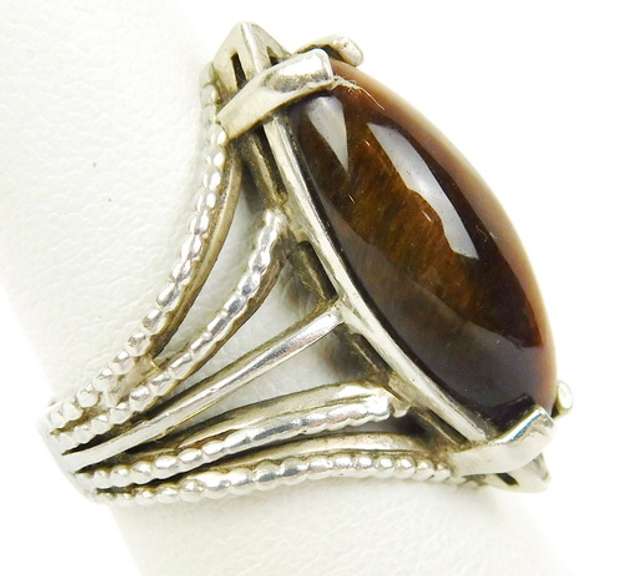Sterling Silver Ring with Large Tiger Eye, Size 6
