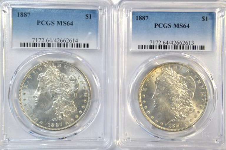 2 Investment Quality 1887 Morgan Silver Dollars. PCGS MS64