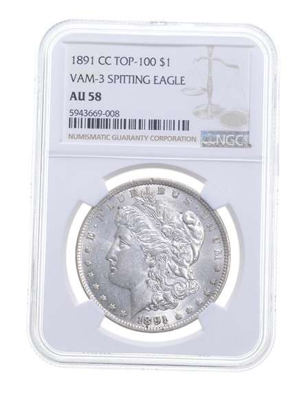 AU58 1891-CC Morgan Silver Dollar TOP-100 VAM-3 Spitting Eagle - NGC