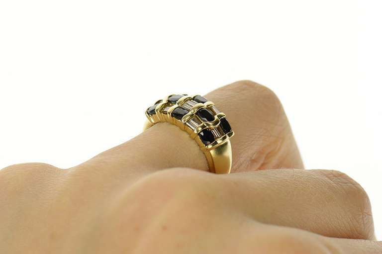14K Yellow Gold Sapphire Baguette Diamond Checked Band Ring