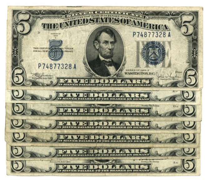 7 Blue Seal $5 Silver Certificates: 1 from 1934 & 6 from 1953