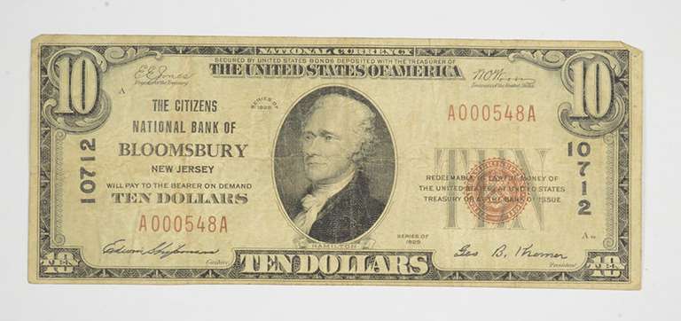 1929 $10 Bloomsbury, New Jersey United States National Currency