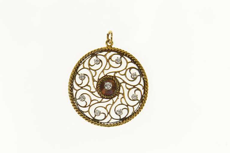 14K Yellow Gold 0.82 Ct Diamond Scroll Filigree Medallion Pendant