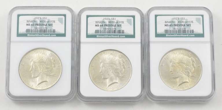 (3) MS63, 64, 65 1923 Peace Silver Dollar Prestige Set - NGC - BOX/COA
