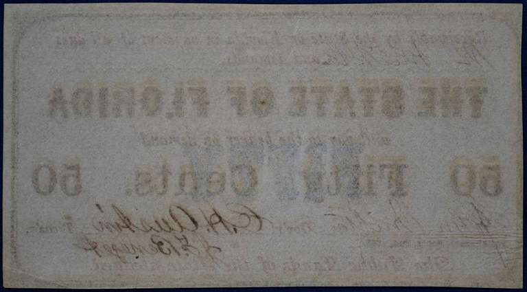 State Of Florida, Tallahassee. 1863 50 Cents. Almost Uncirculated. Small Tear.