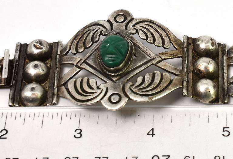 Eye-Catching Carved Green Stone Bangle in Sterling Silver