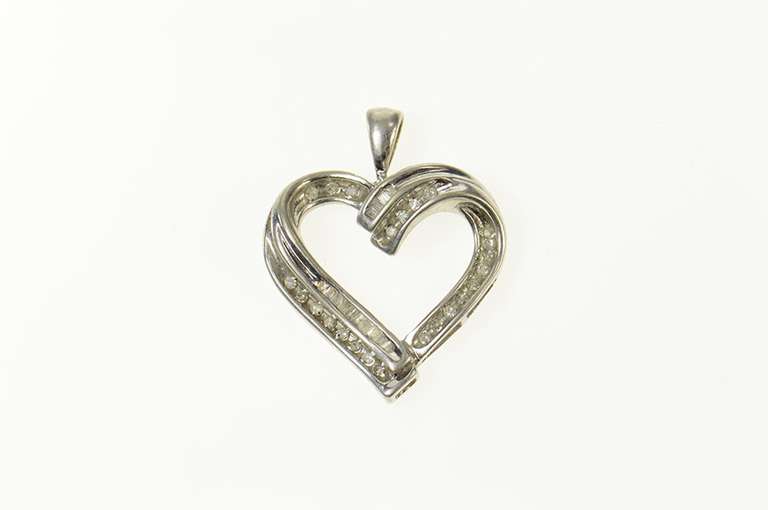 10K White Gold Classic Curvy Diamond Encrusted Heart Pendant