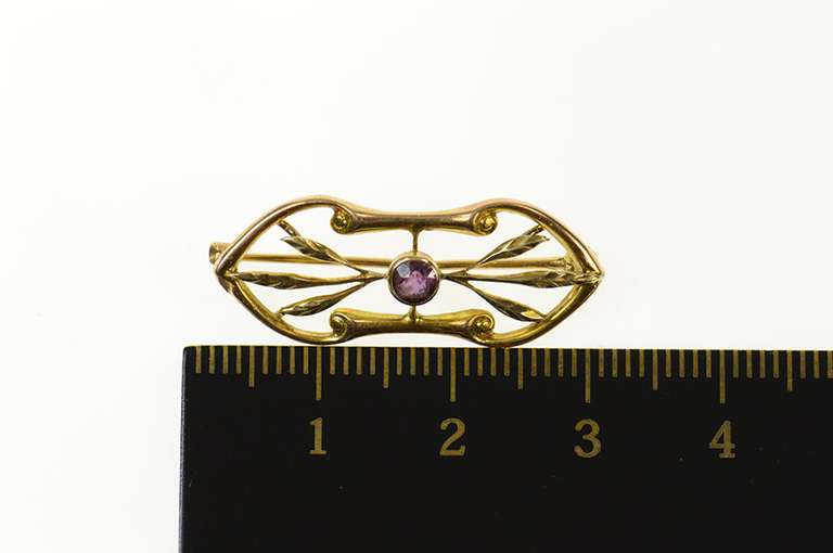 10K Yellow Gold Amethyst Ornate Scroll Leaf Accent Bar Pin/Brooch