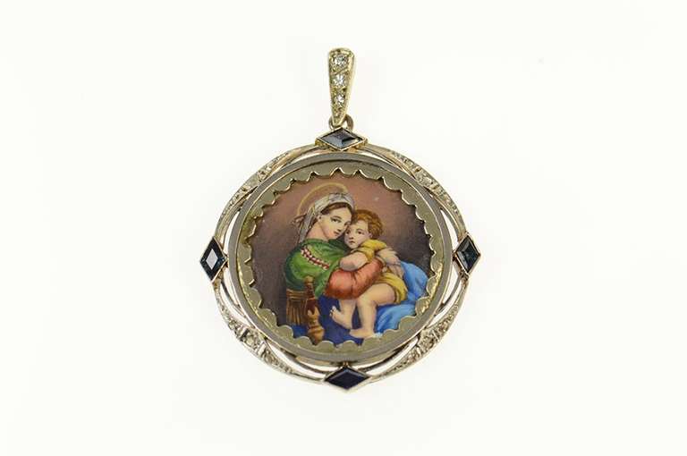 14K Yellow Gold Art Deco Painted Ceramic Virgin Mary Jesus Pendant