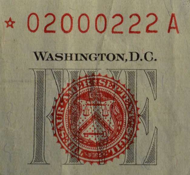 Series 1963 $5 Red Seal Star Note Fancy Serial Number (02000222)