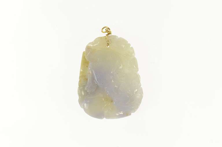 14K Yellow Gold Carved Green & Lavender Jadeite Cat Dragon Pendant
