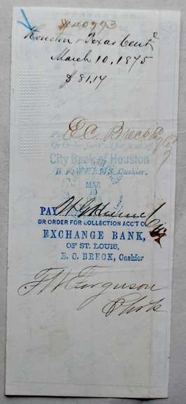 1875 Houston & Texas Railway Company Check