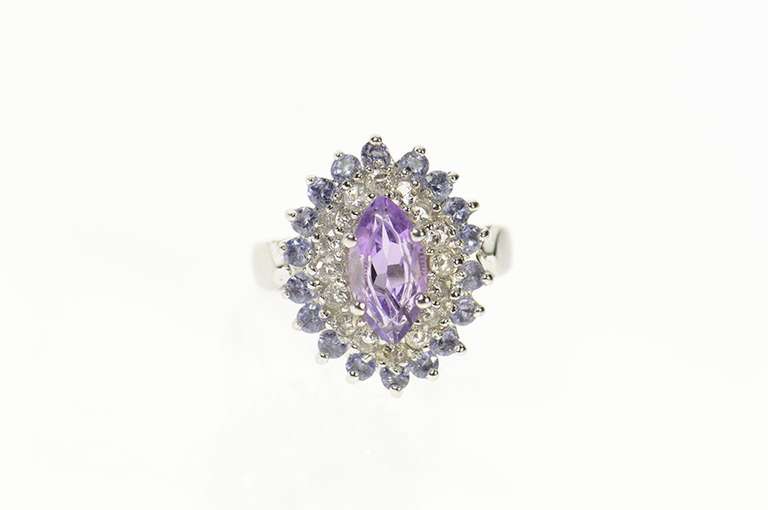 10K White Gold Marquise Amethyst CZ Syn. Tanzanite Halo Ring