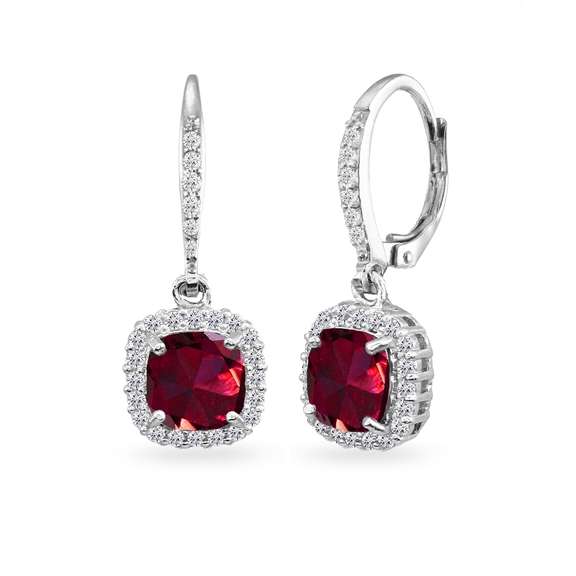 925 Silver Created Ruby Cushion-Cut Dangle Halo Earrings w/ White Topaz Accents
