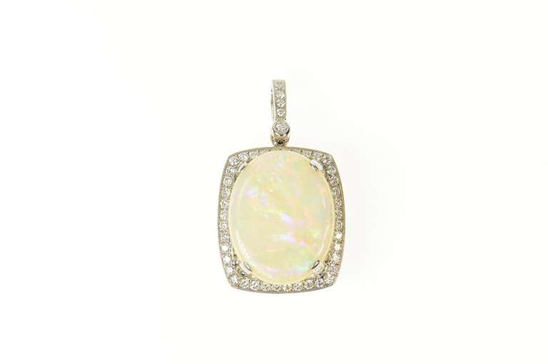 18K White Gold Massive Natural Opal 0.83 Ctw Diamond Pendant