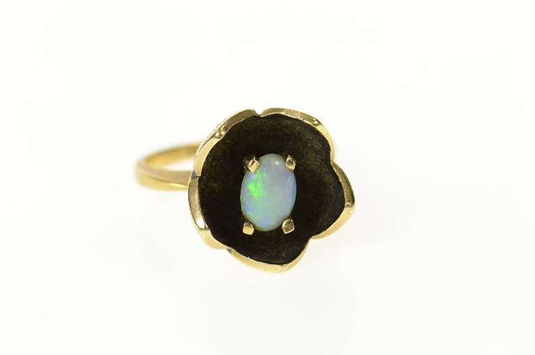 14K Yellow Gold Natural Opal Inset 3D Flower Tulip Statement Ring