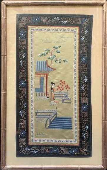 Vintage Framed Oriental Embroidery Art on Silk Fabric