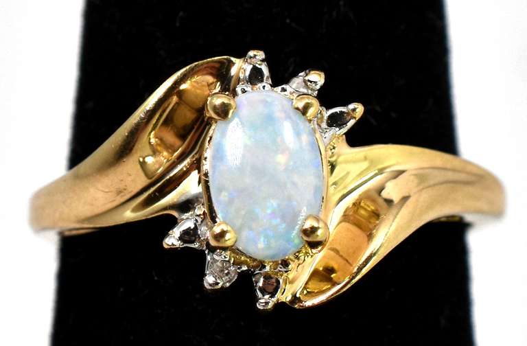 Precious Opal & Diamond Ring in Yellow Gold, Size 4-1/2