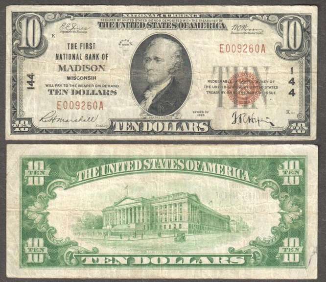 $10 1929-1 NBN=MADISON, WI=FIRST NATIONAL BANK OF MADISON Ch 144 VF