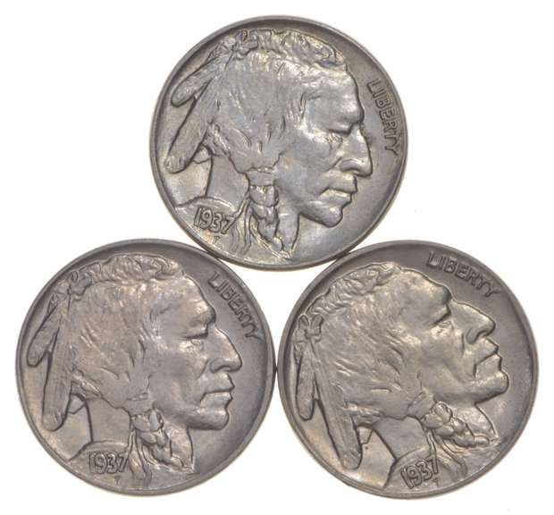 Lot (3) 1937 Indian Head Buffalo Nickels