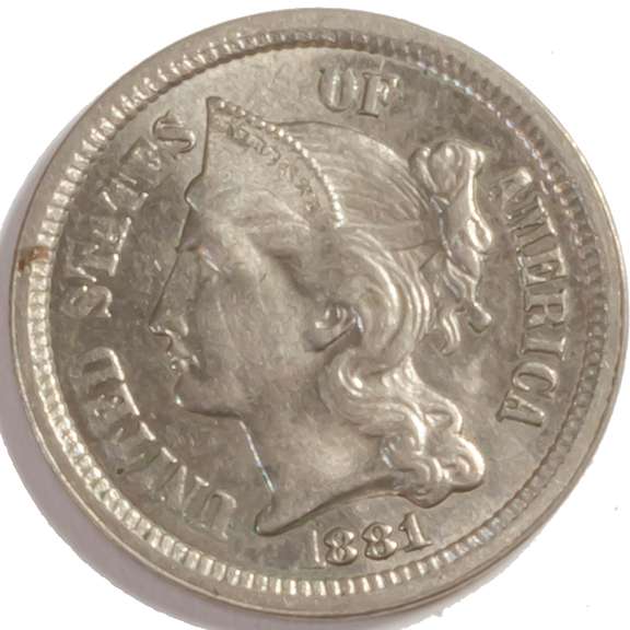 1881 Gem BU 3 Cent Nickel