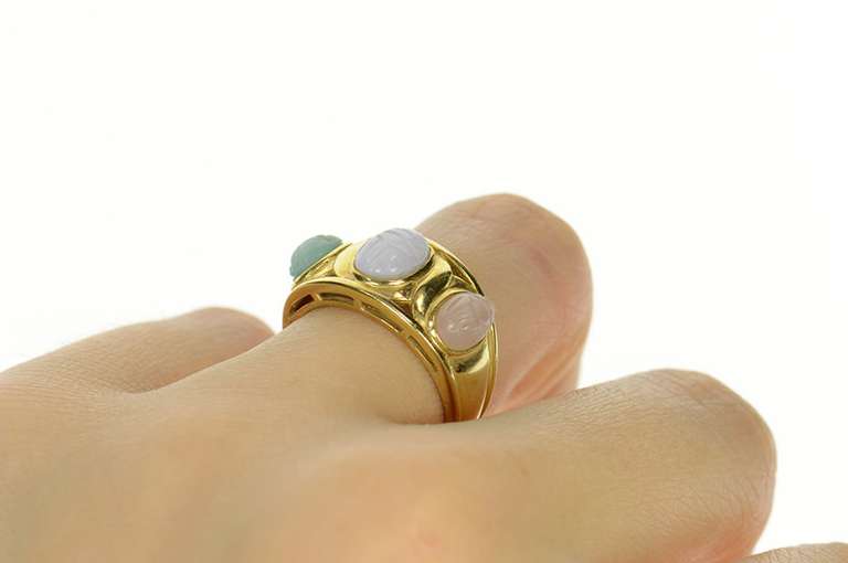 14K Yellow Gold Quartz & Agate Carved Scarab Retro Statement Ring