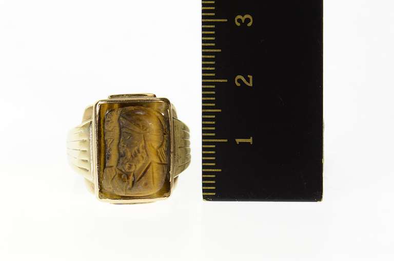 10K Yellow Gold Carved Tiger's Eye Soldier Cameo Retro Ring