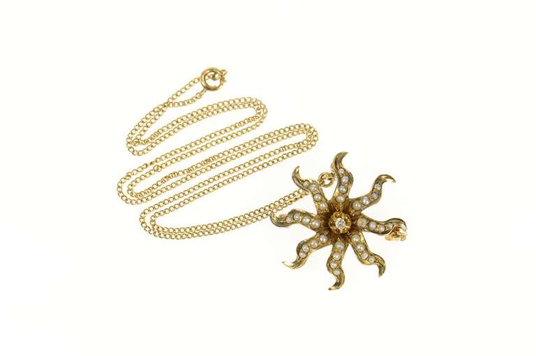 10K Yellow Gold Victorian Seed Pearl Diamond Flower Sun Necklace