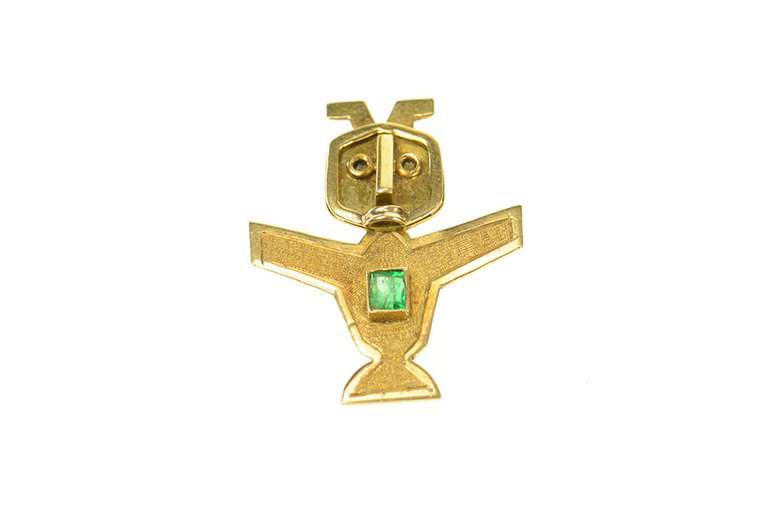 18K Yellow Gold Peruvian Figurine Emerald Inset Statement Pin/Brooch