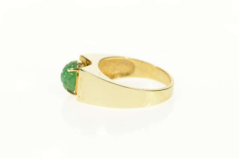 14K Yellow Gold Oval Carved Jade Floral Cabochon Statement Ring