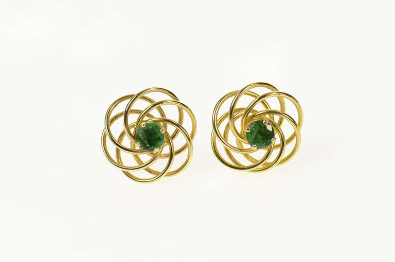 14K Yellow Gold Round Emerald Spiral Twist Stud Earrings