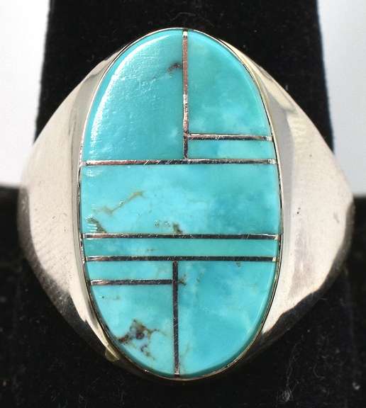 Sterling Silver Oval Turquoise Inlay Men's Ring