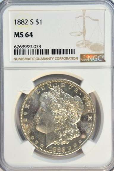 Near Gem BU 1882-S Morgan Silver Dollar. NGC MS64