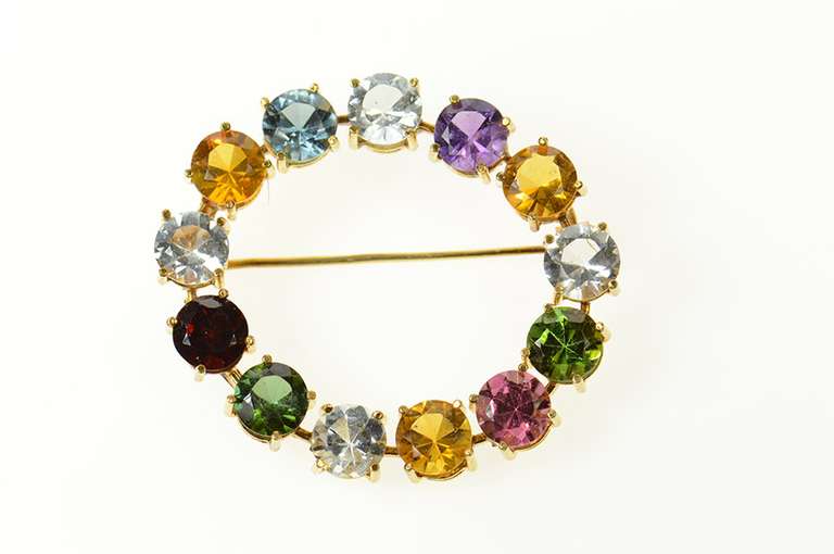 18K Yellow Gold Retro Oval Sim. Multi Colored Statement Pin/Brooch