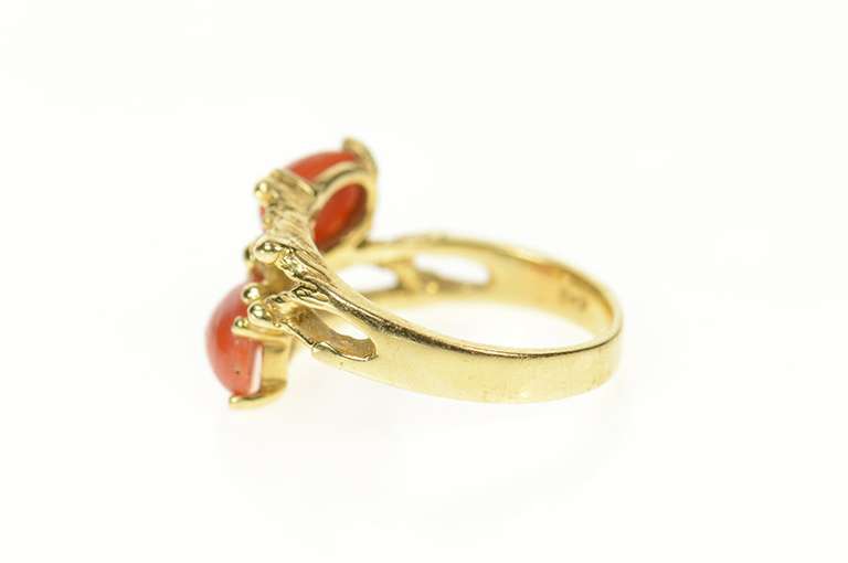 14K Yellow Gold Natural Coral Tree Branch Bamboo Statement Ring