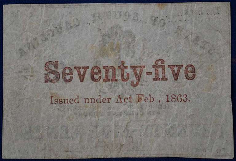 State Of South Carolina 75 Cents 1863, Circulated.