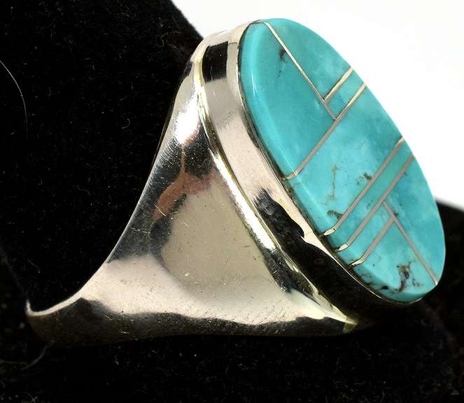 Sterling Silver Oval Turquoise Inlay Men's Ring
