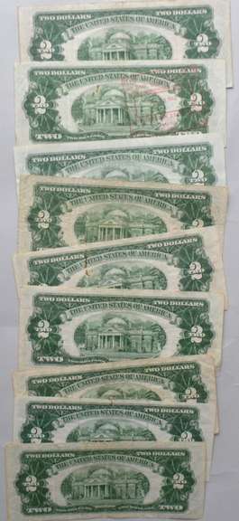 9 Assorted $2 Red Seal US Notes