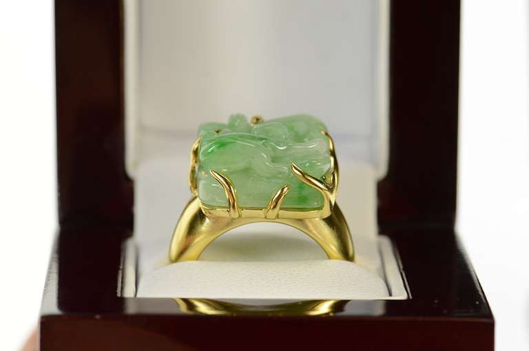 18K Yellow Gold Ornate Carved Jade Lemur Squared Statement Ring