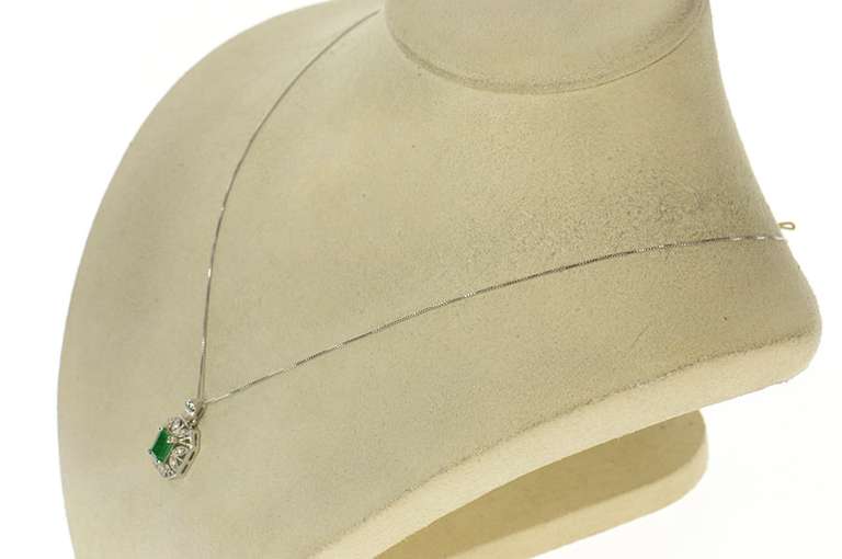 14K White Gold Emerald Ornate Diamond Halo Statement Pendant