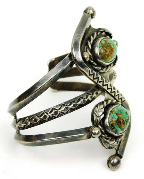 Early Signed PF Navajo Sterling Turquoise Cuff Bracelet
