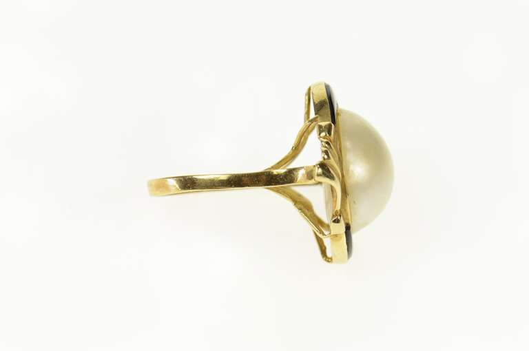 14K Yellow Gold Pearl Black Onyx Retro Ornate Cocktail Ring